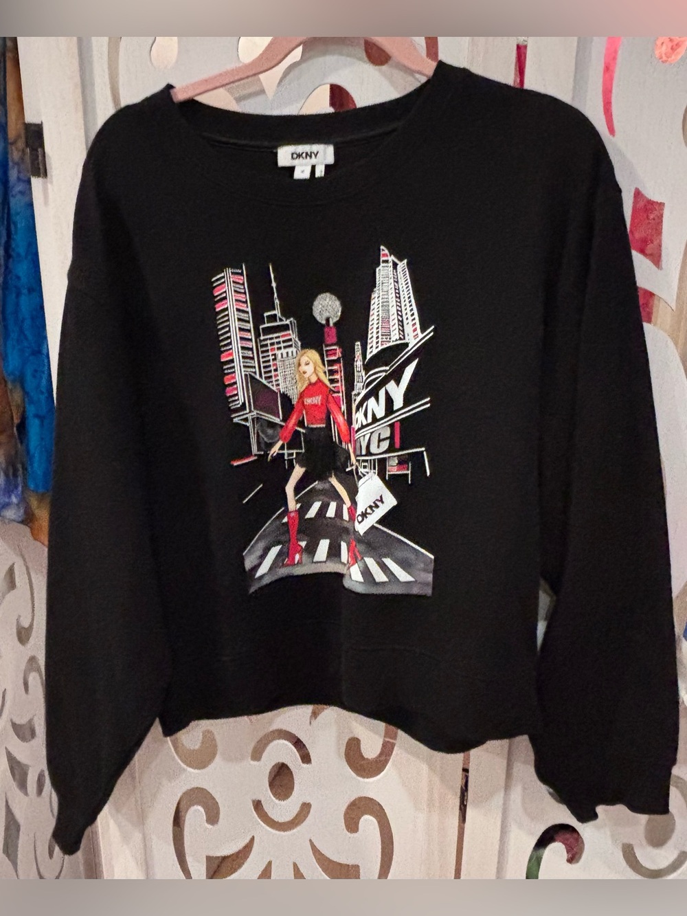 DKNY NYC Logo Graphic Print Black Crew Neck Long Sleeve Sweatshirt M